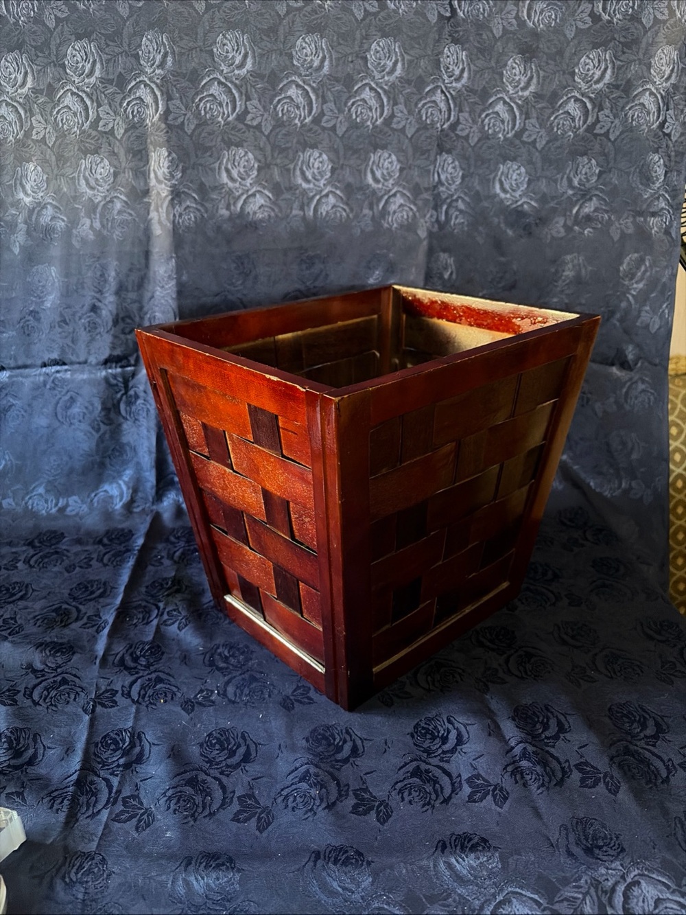 Dark Wood Woven Waste Basket-9”W x 11”L x 10”H